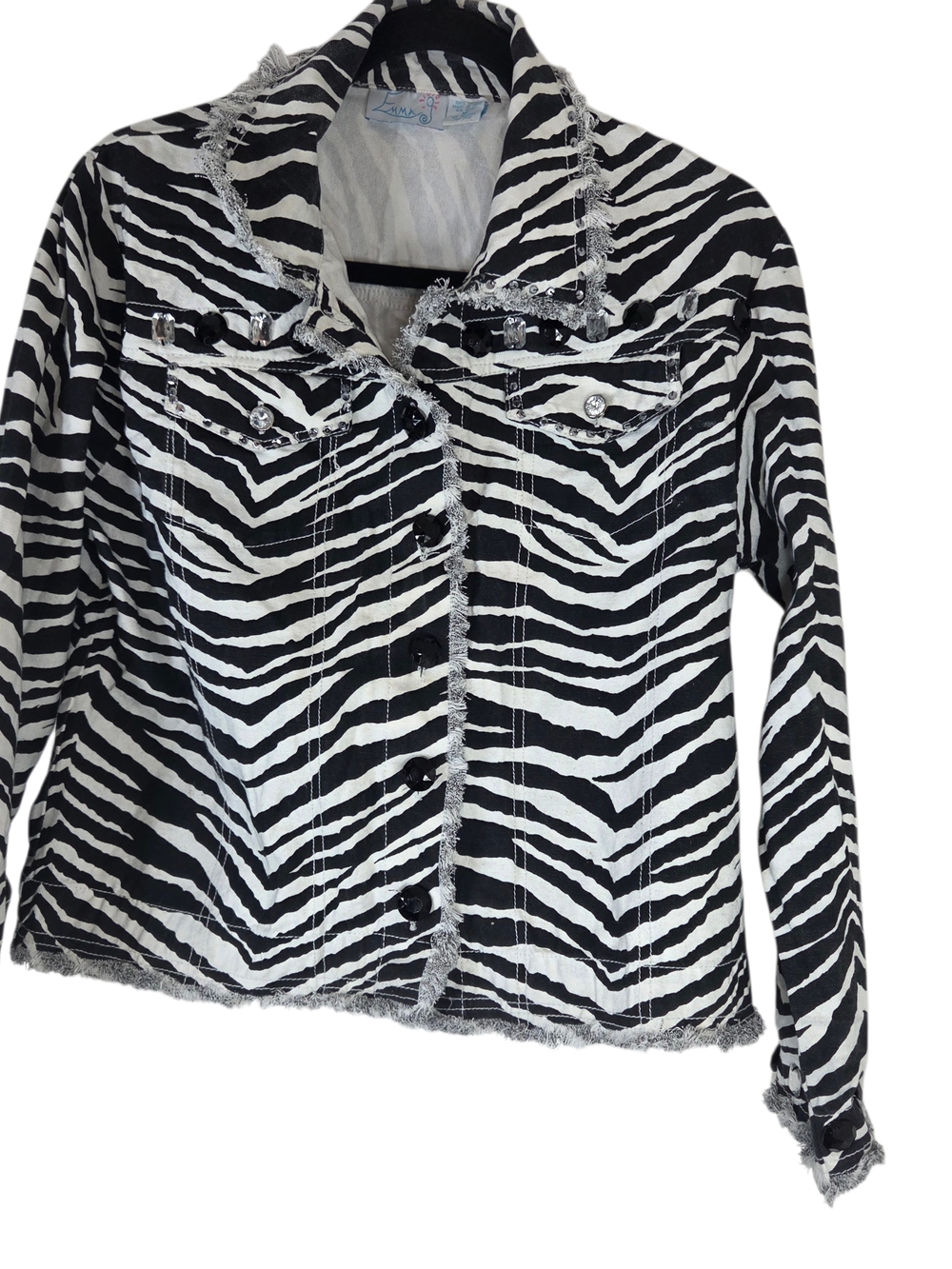 Women's Zebra Print Denim Jacket with Fringe Trim - Black & White